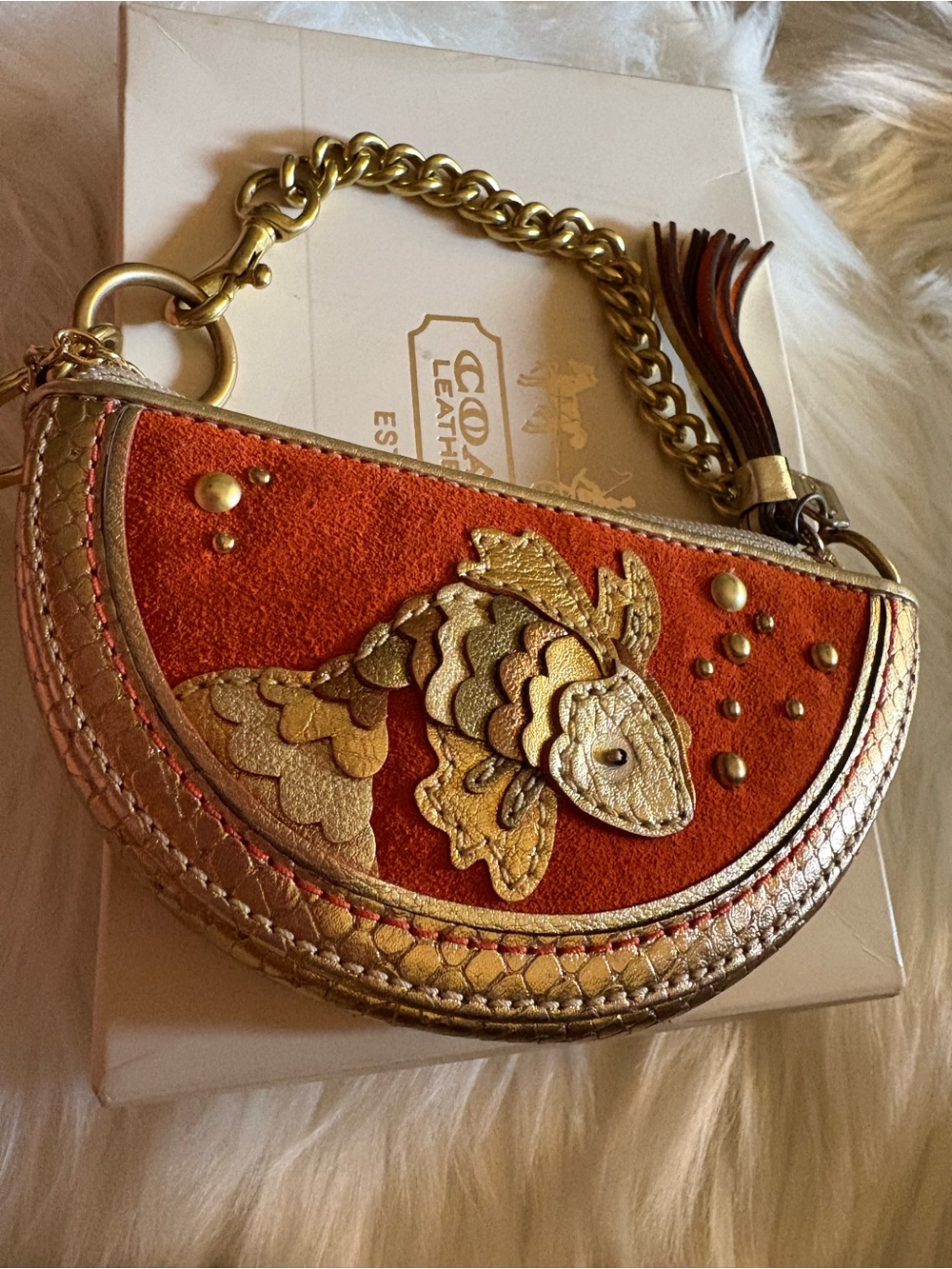 RARE COACH VINTAGE KOI FISH MULTICOLOR GOLD ORANGE LEATHER BRASS CHAIN WRISTLET